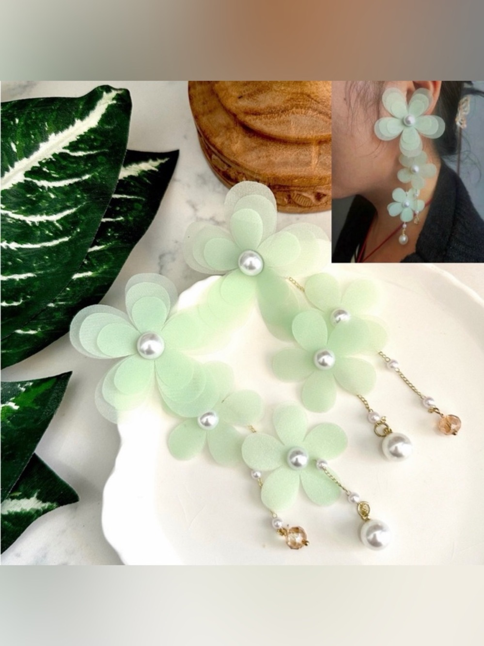 2/$30🌵 Mint Green Chiffon Flower Earrings Petals Dangle Garden Faux Pearl NEW